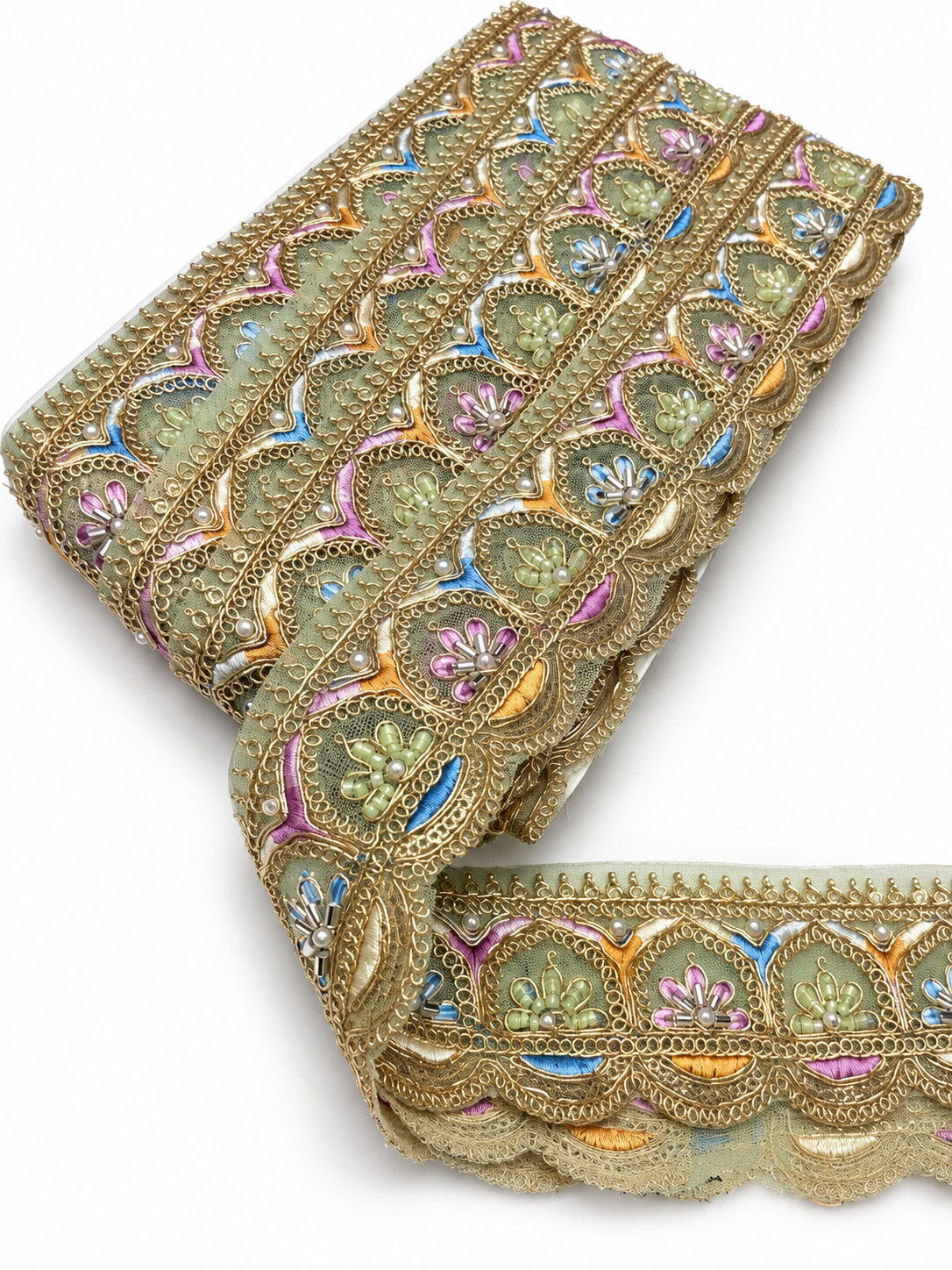 Sage Green (Pista Green) with Gold Embroidery and Multicolour Floral Accents (Pink, Blue, Lavender, and Peach)Lace Trim with Gold Zari, Beads & Pearl Work