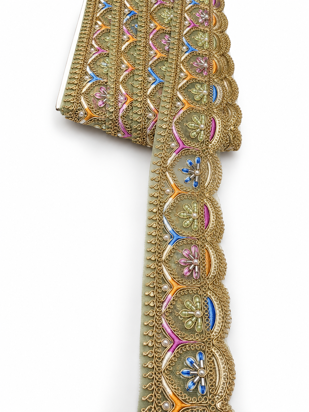 Sage Green (Pista Green) with Gold Embroidery and Multicolour Floral Accents (Pink, Blue, Lavender, and Peach)Lace Trim with Gold Zari, Beads & Pearl Work