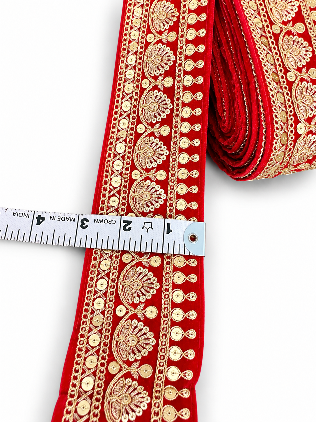 Red Velvet Embroidered Lace Border with Gold Zari & Sequin Work – 2 Inch Wide for Dresses, Sarees, Lehenga, Suits, Blouses, Dupatta, Chunri, and Craft
