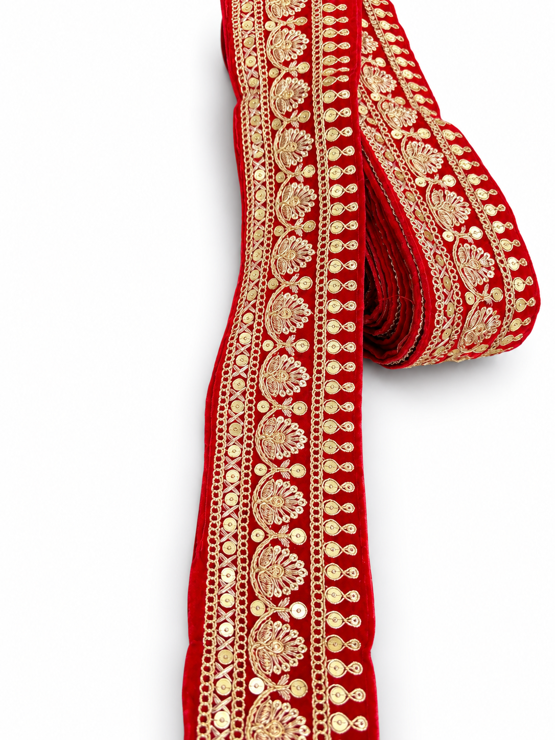 Red Velvet Embroidered Lace Border with Gold Zari & Sequin Work – 2 Inch Wide for Dresses, Sarees, Lehenga, Suits, Blouses, Dupatta, Chunri, and Craft