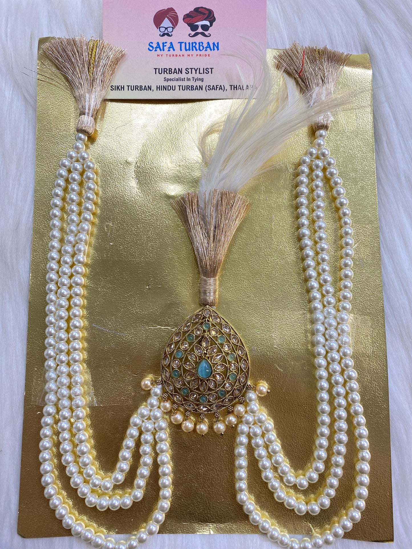 Indian Wedding Accessories-  Kalangi/Kalgi for Men's Safa/Groom Turban (Golden and sky blue stones with pearl string chain)