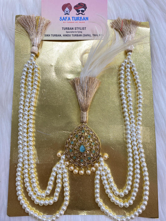Indian Wedding Accessories-  Kalangi/Kalgi for Men's Safa/Groom Turban (Golden and sky blue stones with pearl string chain)