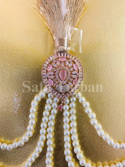 Indian Wedding Accessories-  Royal Pink Kalgi For Groom Turban/Safa With Pearl Stands
