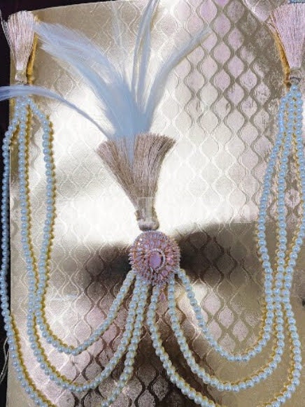 Indian Wedding Accessories-  Kalangi/Kalgi for Men's Safa/Groom Turban (Pink stones with white pearl string chain)