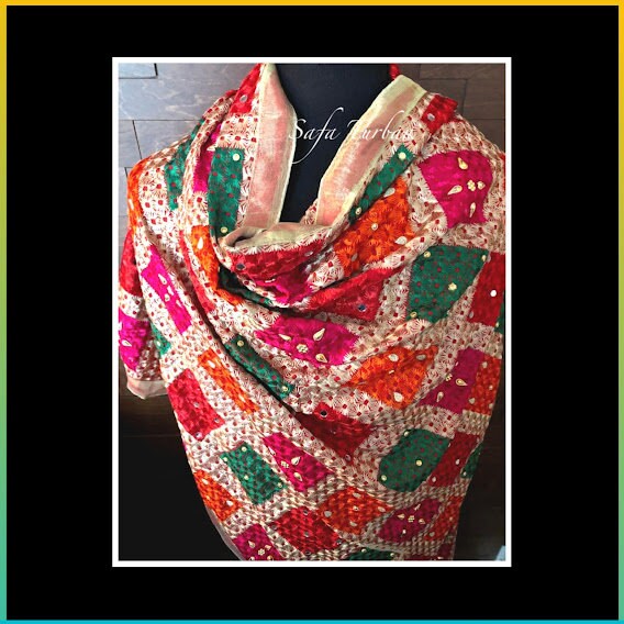 Phulkari Dupatta- Women's Chiffon Phulkari Dupatta, Scarf, Multicolour Fulkari Chunni, Dupatta