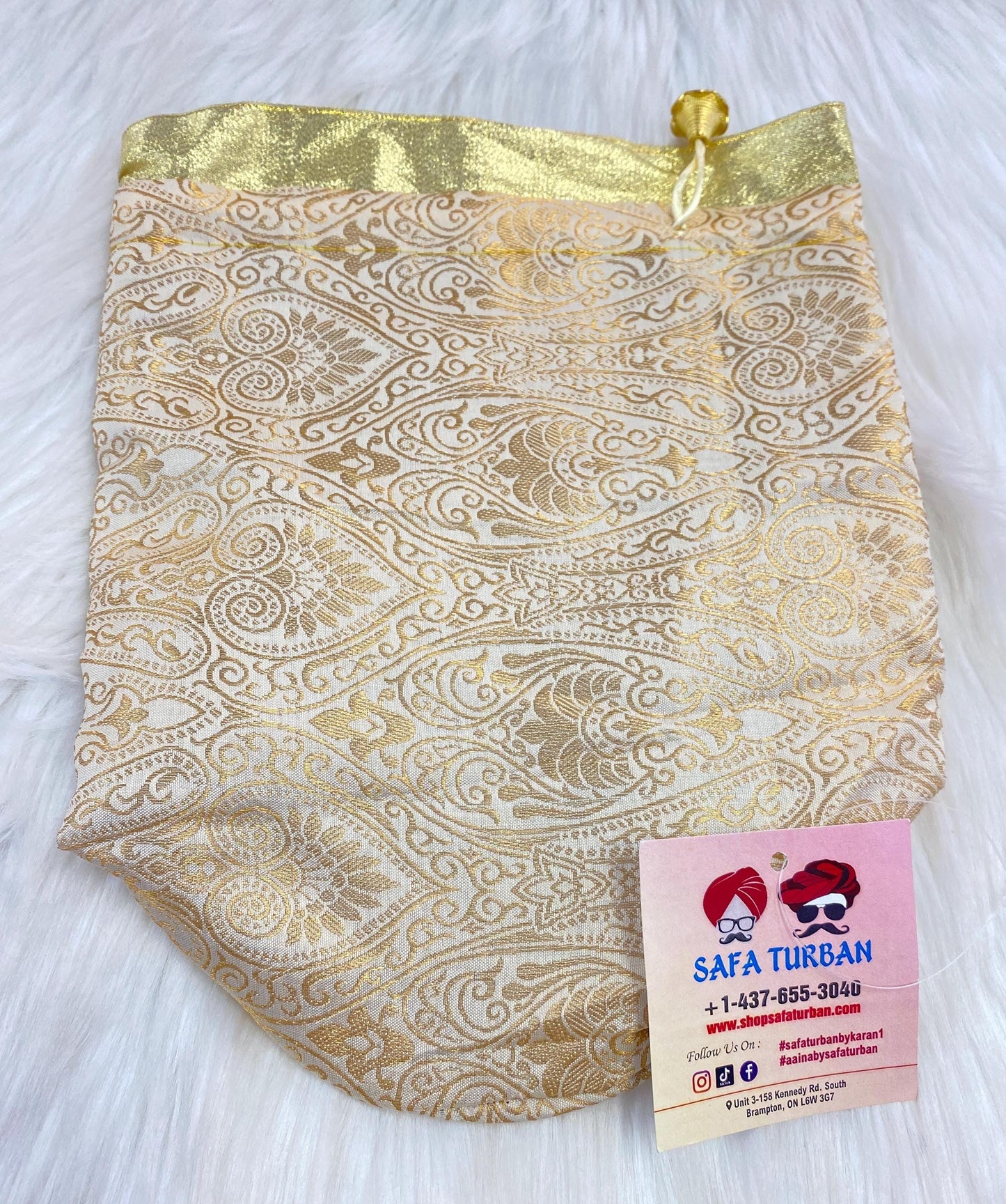 Indian Wedding- Large Size Desi Mithai/ Bhaji/Ladoo Bag- Potli Bag for Return Gifts Wedding II Sweets Bag Gift II Golden Brocade potli