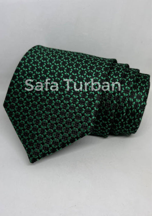 Mens Plaid Micro Self Silk Necktie Gift Set With Pocket Square (Dark Green Black Colour)