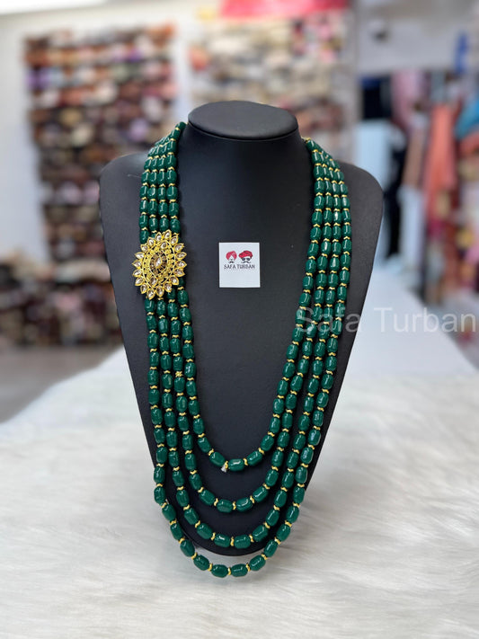 Indian Wedding-Green Pearl Four layer Necklace with Kundan Brooch for Men/Groom for Wedding