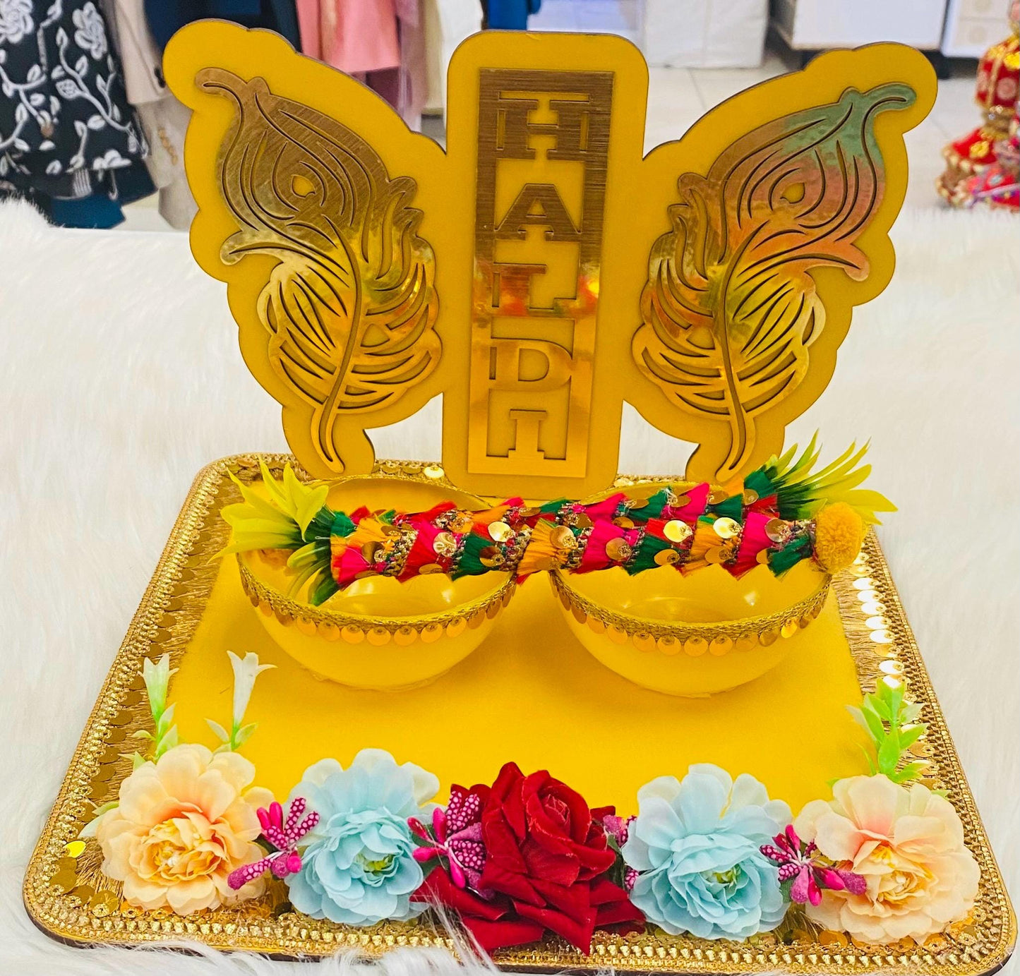 Wedding Accessories- Bride/Groom Mayian/ Haldi/ Maiyan/ Vatna Ceremony-Decorative  Wooden board and  2Bowls