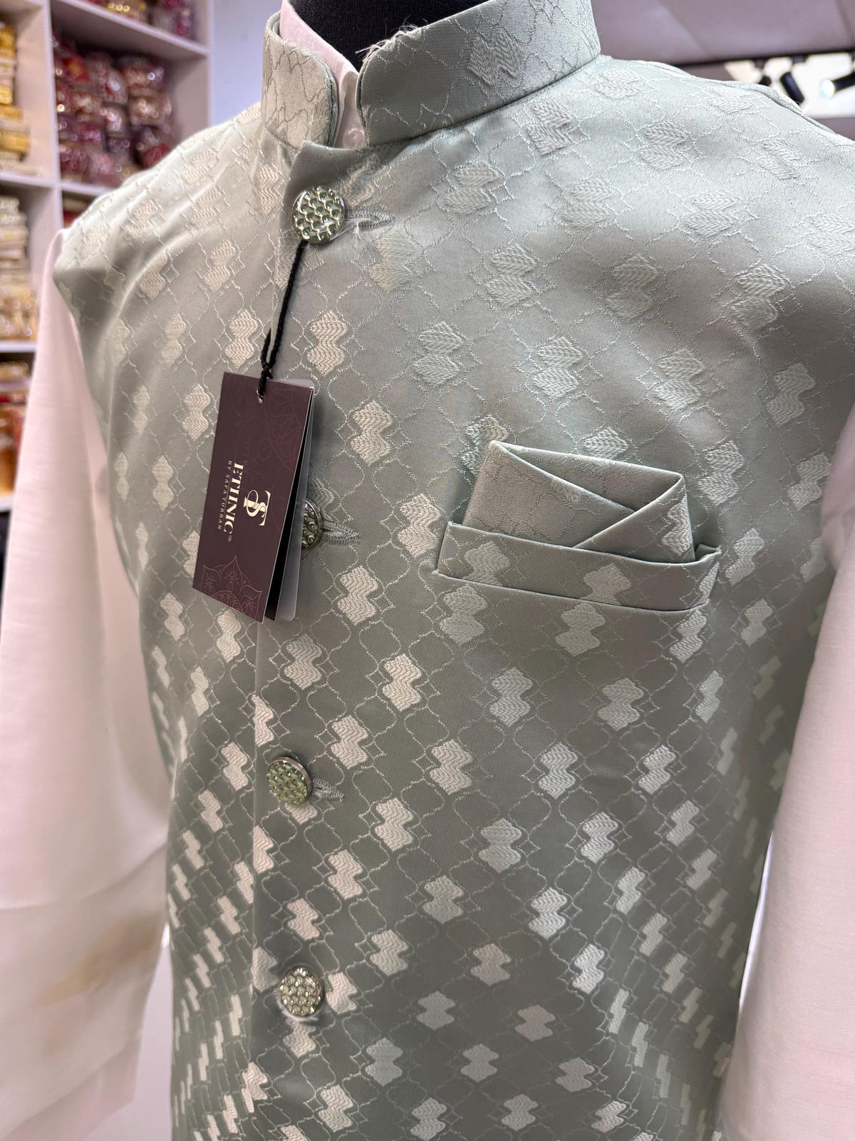 Designer Mint Green (Sage Green) Men Vest- Wedding Vest, Kurta Pajama Vest, Casual Wear (Size available 38,40,42,44,46)