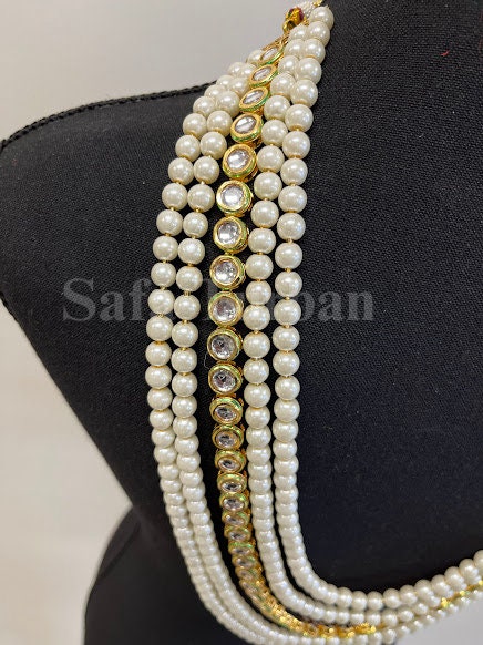 Indian Wedding- Pearl Necklace with Kundan Brooch for Men/Groom for Wedding (5Layers Pearl)