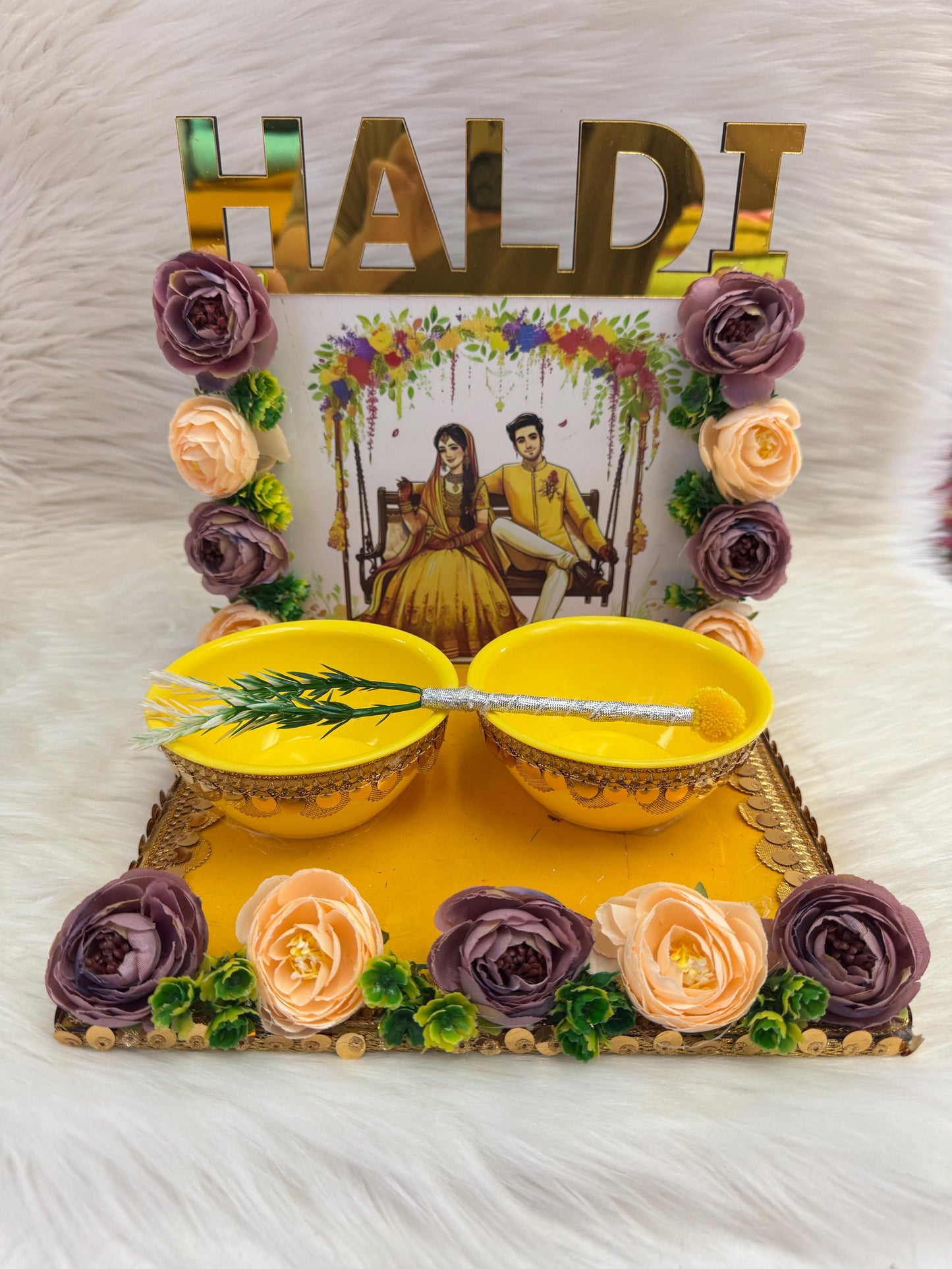 Wedding Accessories- Bride/Groom Mayian/ Haldi/ Maiyan/ Vatna Ceremony-Decorative  Wooden board and  2Bowls