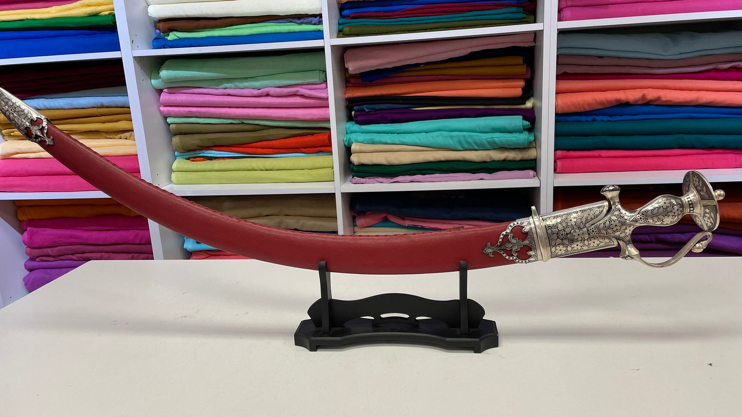 Indian Wedding Decorative Sword/Kirpan- Red Leather with Silver work handle/For wedding purpose/Indian Rajput Wedding Sword