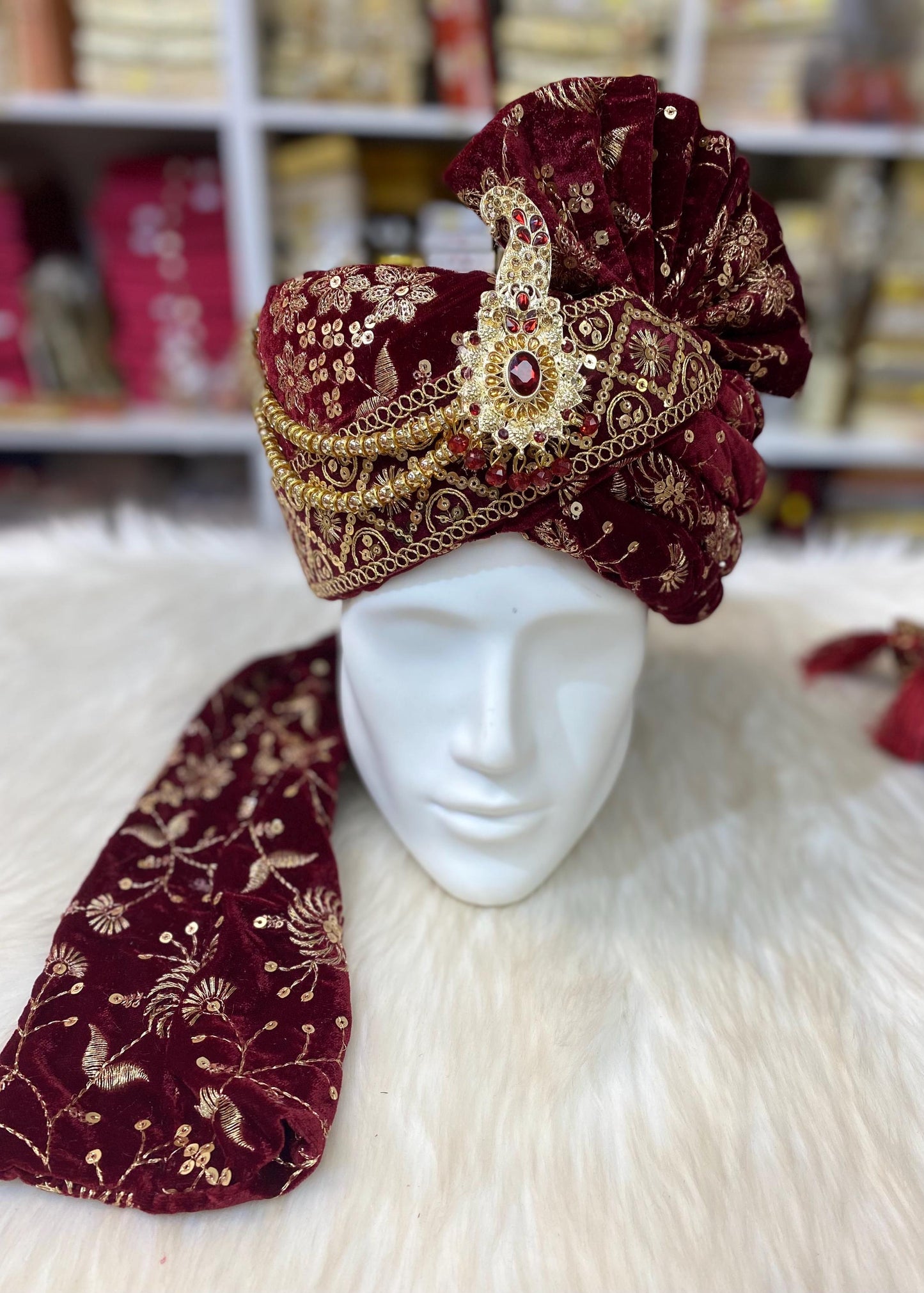 Groom Wedding Turban-Red Velvet Turban with Shawl- Safa Turban/Pagdi/Premade Turban/ Wedding Safa/Turban/Pagdi for Men (Groom)