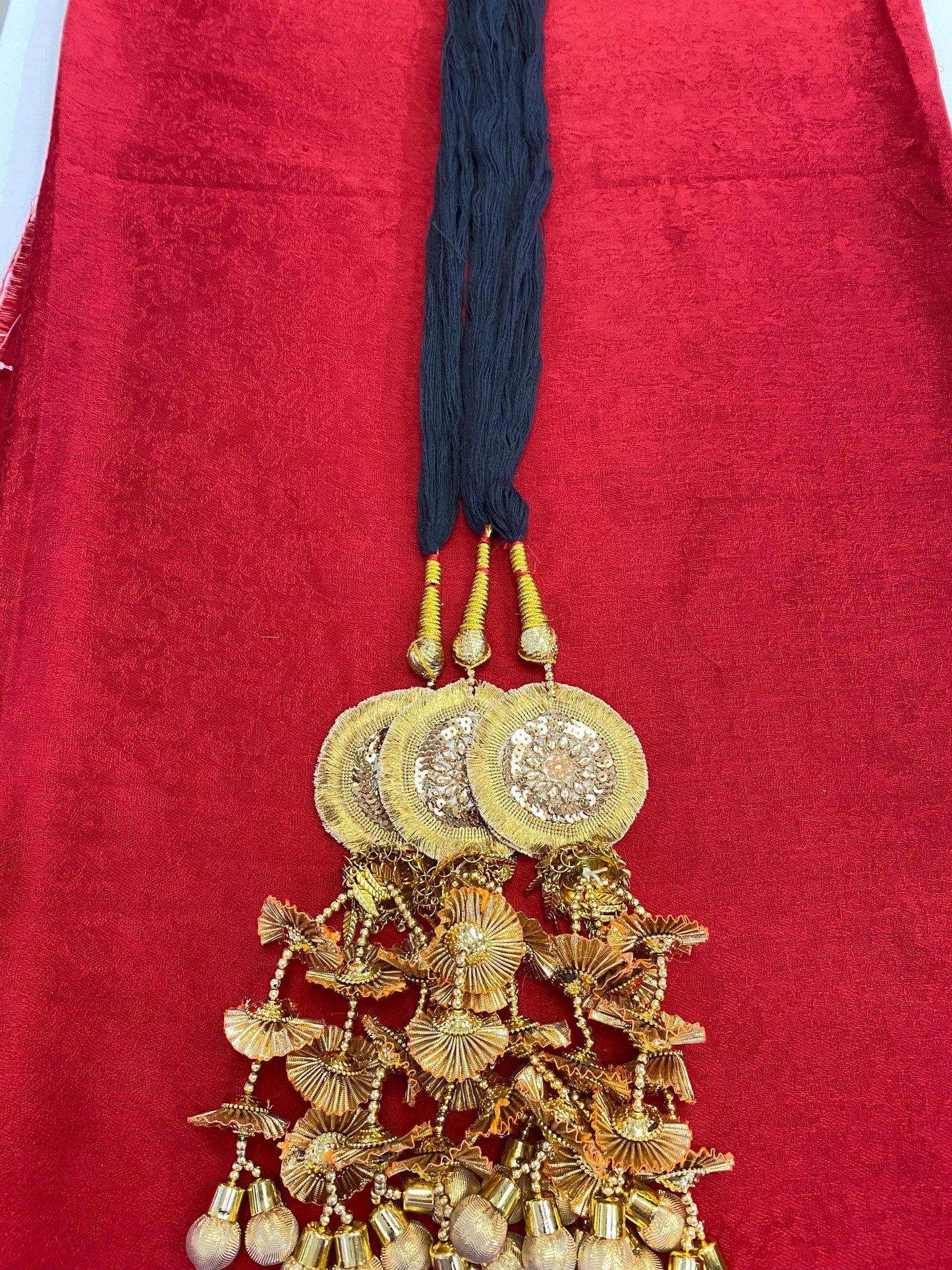 Punjabi Golden Colour Fabric Parandi Tassles Hair Extensions with Beads for Women and Girls (Sold per piece)