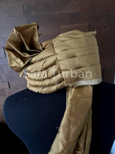 Indian Wedding- Raw Silk Fabric handmade Safa for groom in Golden colour, Groom Head Safa Turban/Pagdi/Premade Turban Headwrap for Dulha