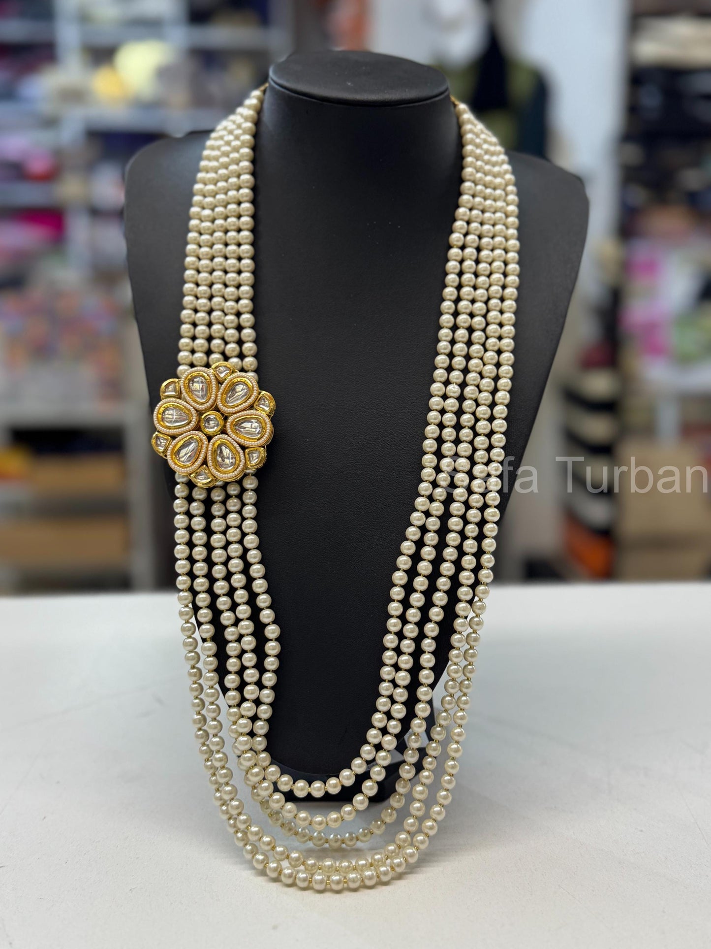 Indian Wedding- Pearl Necklace with Kundan Brooch for Men/Groom for Wedding (5Layers Pearl)