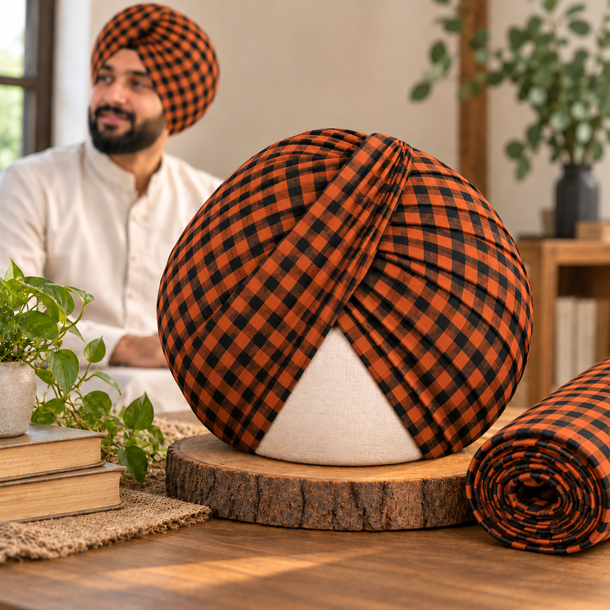 Check Parna- Orange & Black Check Turban
