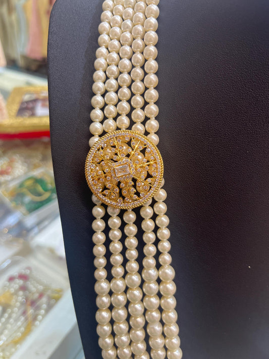 Indian Wedding- Pearl Necklace with Brooch for Men/Groom for Wedding (CreamBeads)