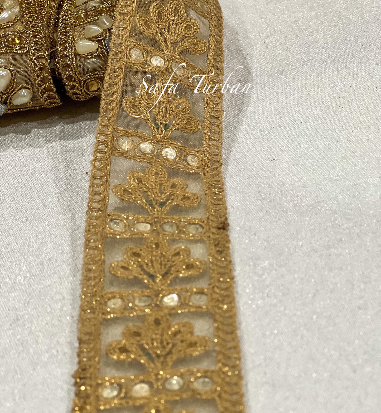 Golden Lace with pearl work 1.5" (inch) for Dresses, Sarees, Lehenga, Suits, Blouses, Dupatta, Chunri, and Craft