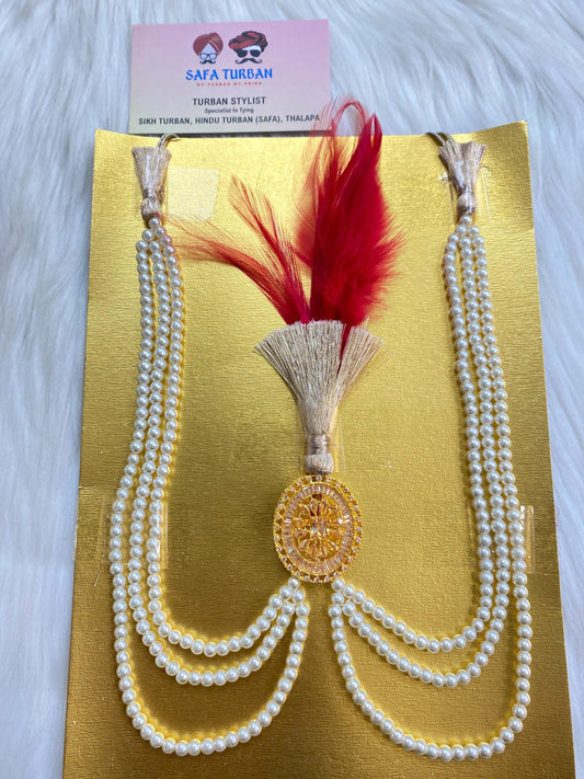 Indian Wedding Accessories-  AD-Golden Kalgi For Groom Turban/Safa With Pearl Stands