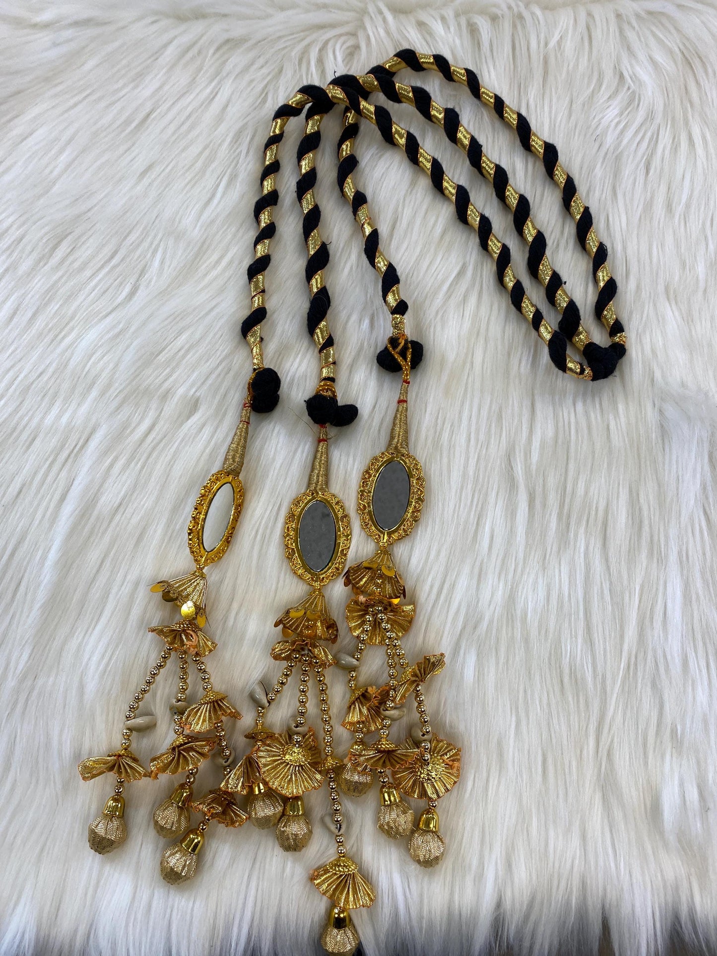Punjabi Golden and multi Colour Fabric Parandi Tassles Hair Extensions with Beads for Women and Girls (Sold per piece)