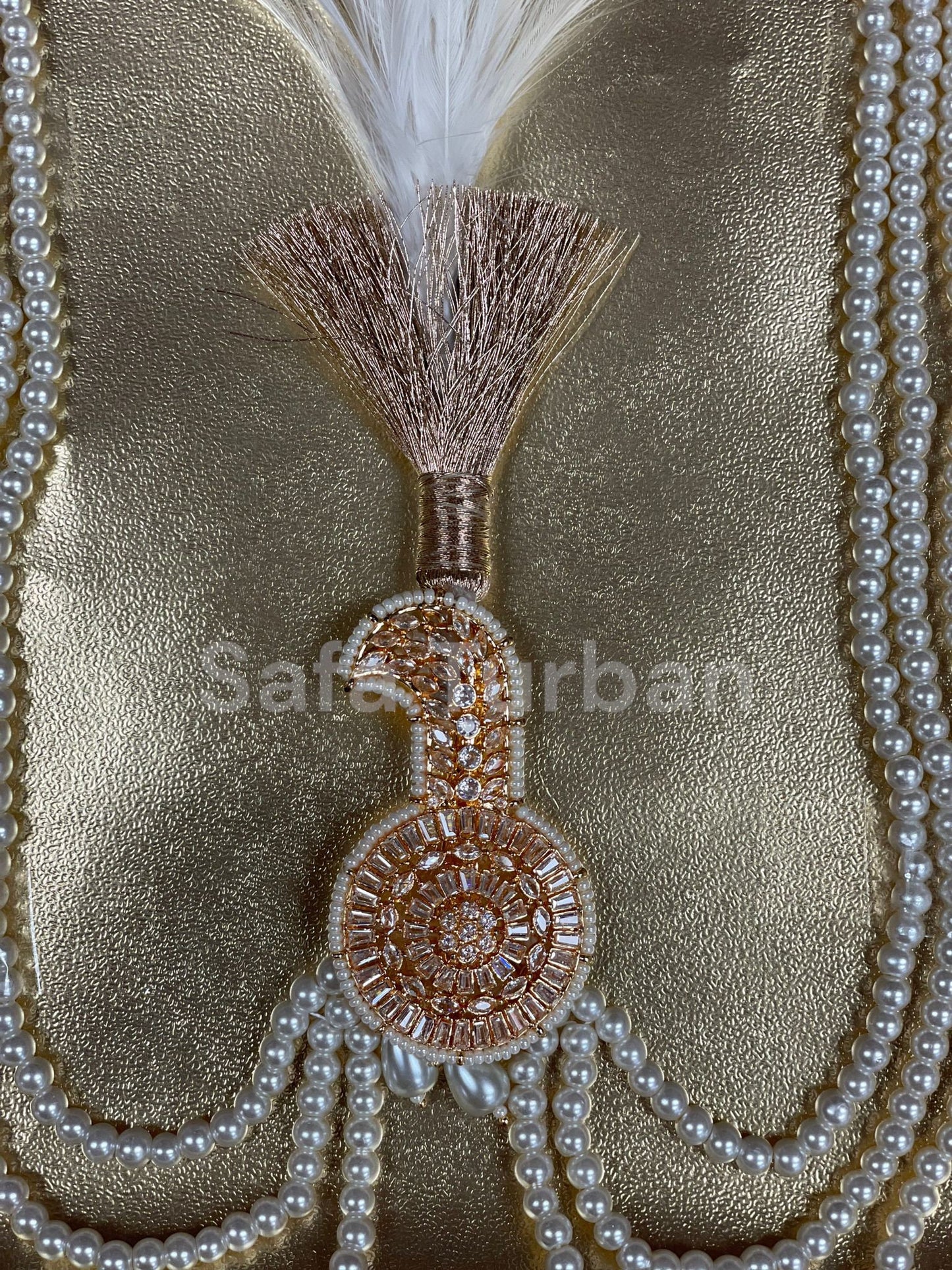 Indian Wedding Accessories-  Kalangi/Kalgi for Men's Safa/Groom Turban in AD Stone (American Dimond) (With offwhite/cream pearl string)
