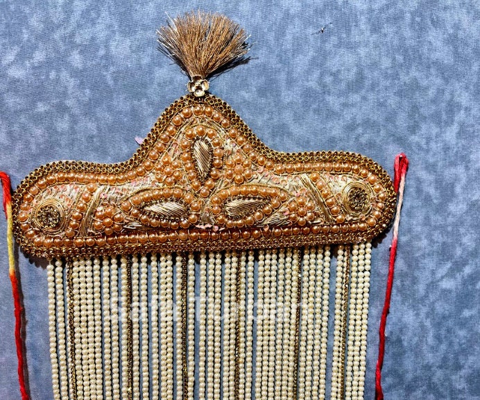 Groom Sehra- Indian Wedding Accessories- Sehra with Golden Chain, White/Ivory Pearl Beads