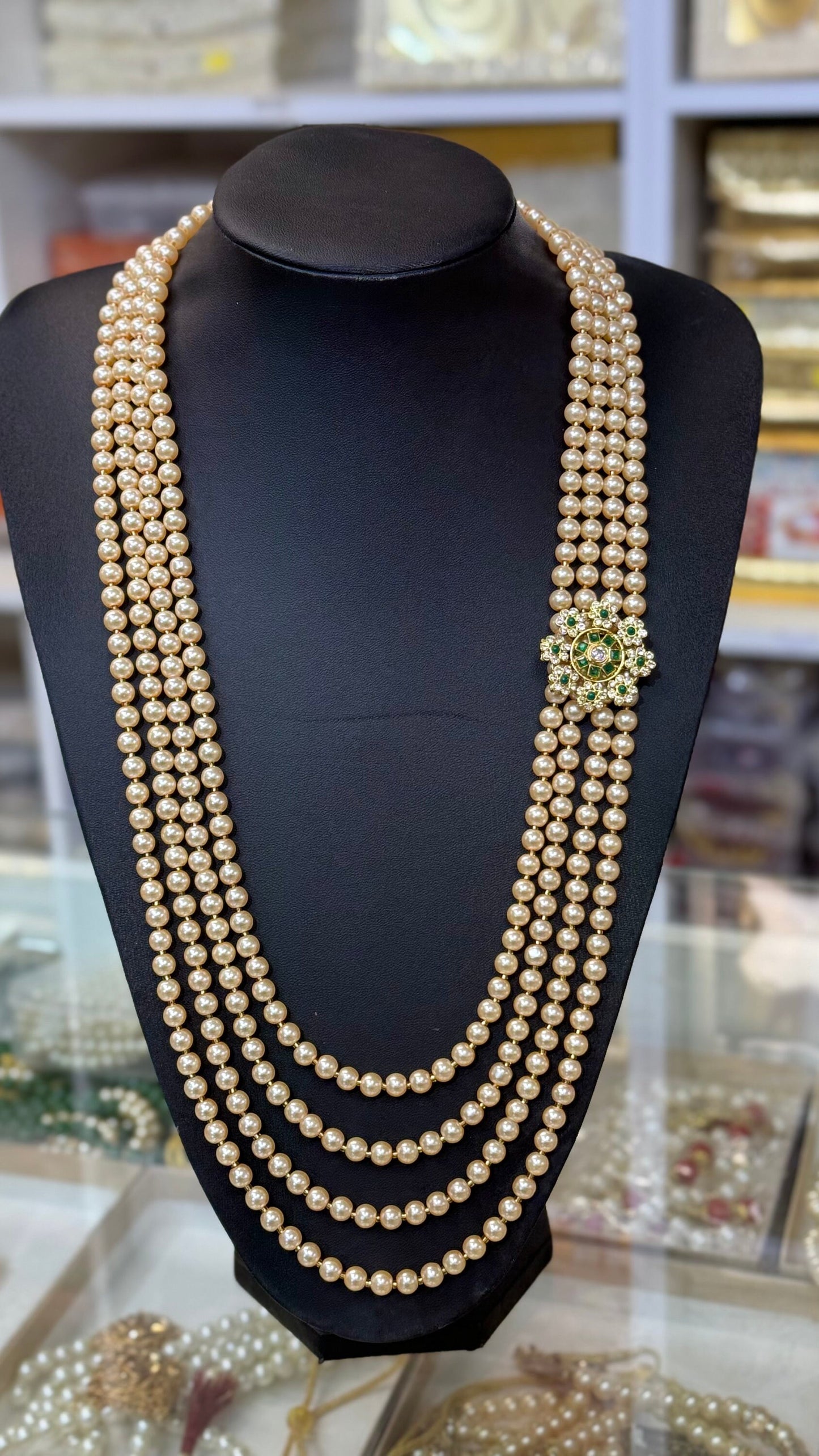 Indian Wedding- Pearl Stone Four Layer  Studded Necklace for Men/Groom for Wedding