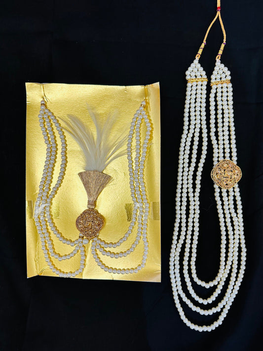 Kalgi  and Pearl Necklace- Kundan Kalangi/Kalgi, Pearl Necklace with Kundan Brooch for Men's Safa/Groom Pagdi