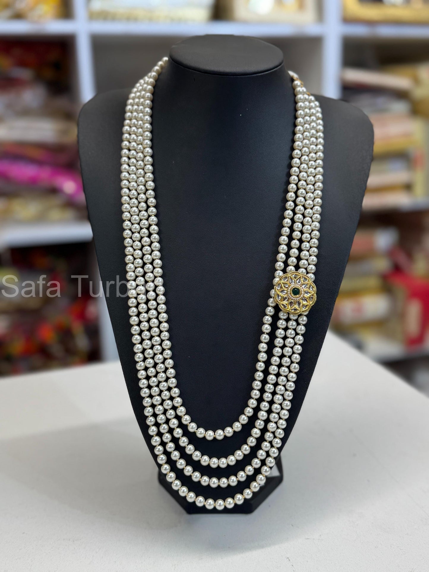 Indian Wedding-Pearl Necklace with Brooch(Green Stone), four Layer Maharaja Haar/ Necklace for Groom for Wedding
