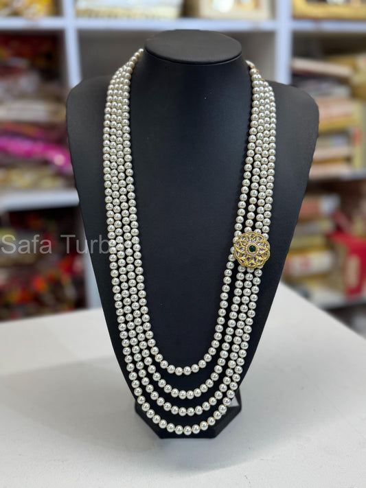 Indian Wedding-Pearl Necklace with Brooch(Green Stone), four Layer Maharaja Haar/ Necklace for Groom for Wedding