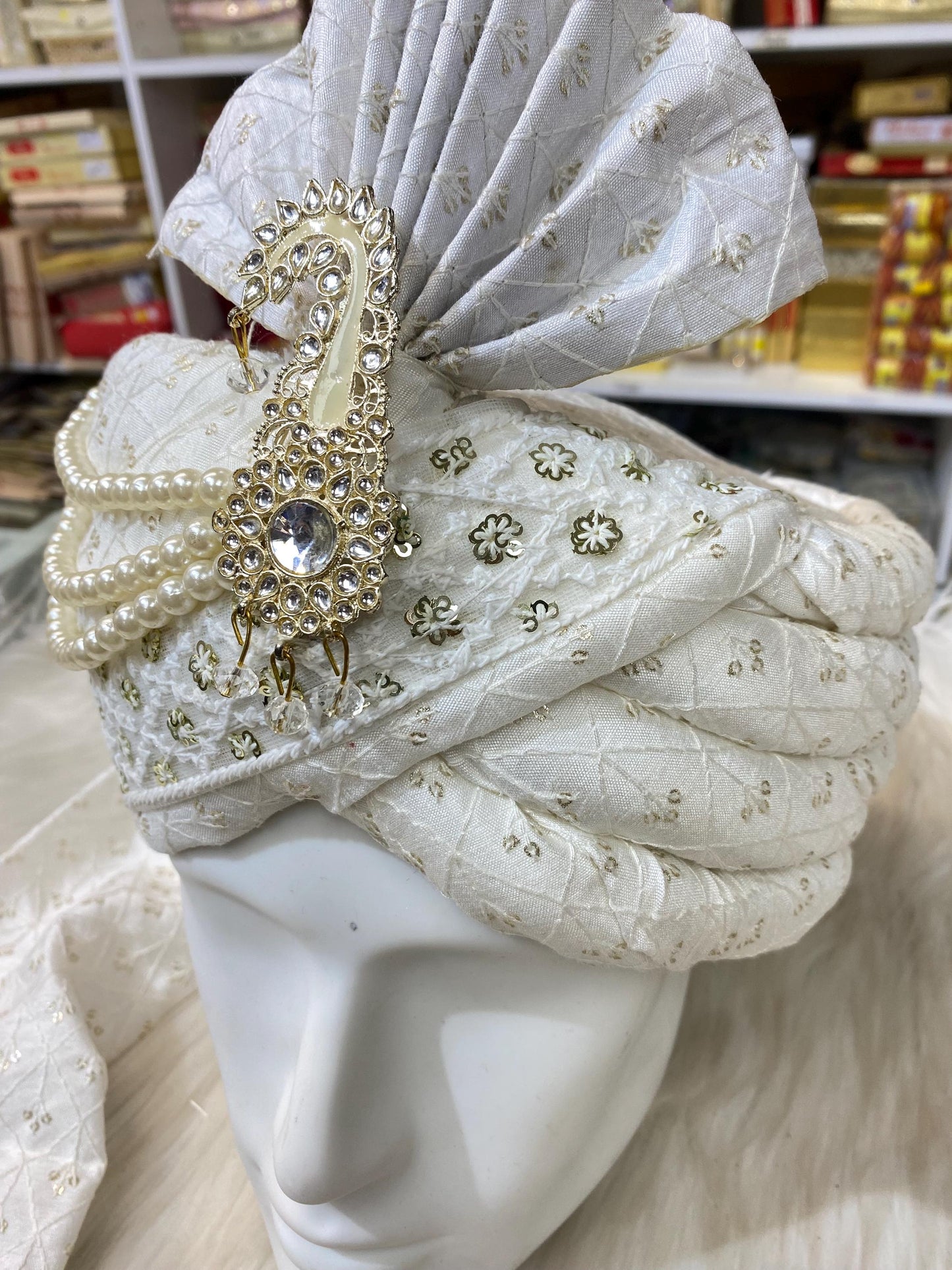 Groom Wedding Turban-Off White Chiffon Turban with Palla- Safa Turban/Premade Turban/ Wedding Safa/Turban/Pagdi for Men (Groom)/ Thalapa