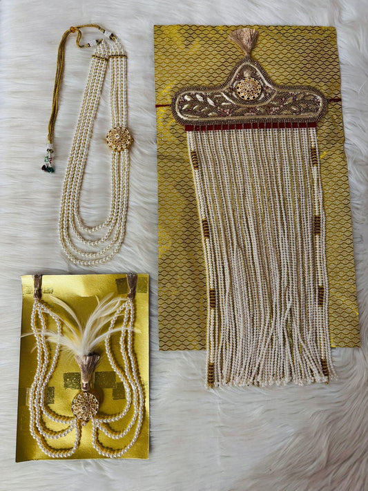 Kalgi, Sehra and Pearl Necklace Set -  Kalangi/Kalgi, Traditional Sehra, Pearl Necklace with Brooch for Groom (Trio Combo)