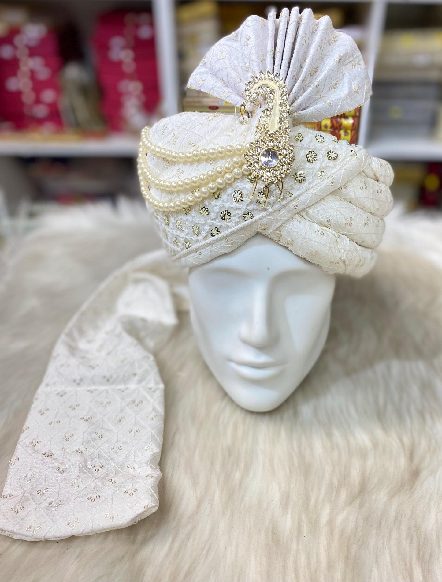 Groom Wedding Turban-Off White Chiffon Turban with Palla- Safa Turban/Premade Turban/ Wedding Safa/Turban/Pagdi for Men (Groom)/ Thalapa