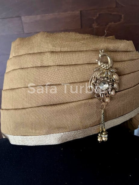 Indian Wedding- Raw Silk Fabric handmade Safa for groom in Golden colour, Groom Head Safa Turban/Pagdi/Premade Turban Headwrap for Dulha