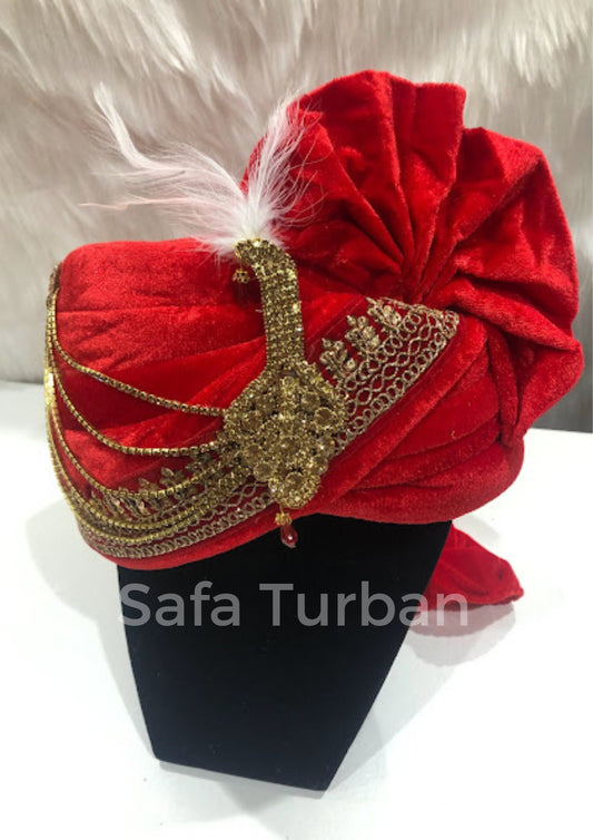 Groom Wedding Turban- Red Velvet Turban- Safa Turban/Pagdi/Premade Turban/ Wedding Safa/Turban/Pagdi for Men (Groom)/ Thalapa
