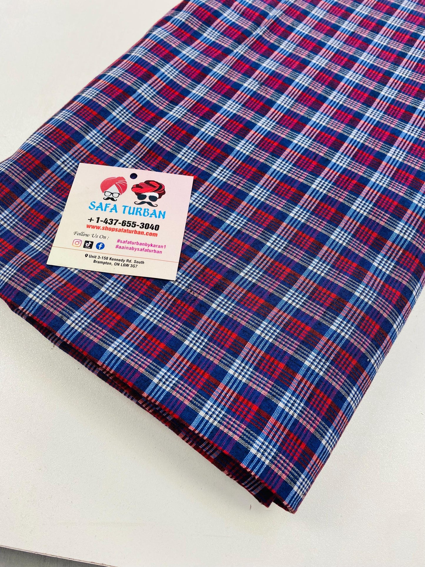 Sikh Desi Parna- Unstitched Royal Blue, White and Red Check Turban (Dabbi wala Parna)