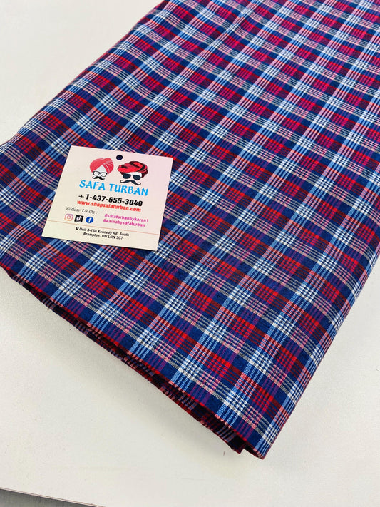 Sikh Desi Parna- Unstitched Royal Blue, White and Red Check Turban (Dabbi wala Parna)