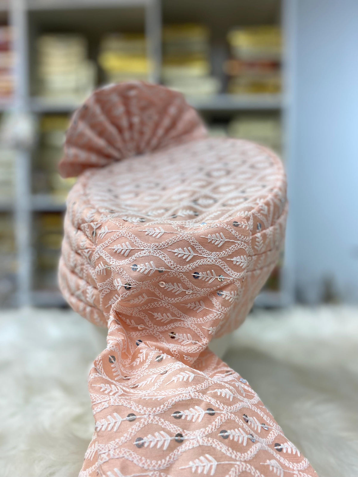 Groom Wedding Turban- Peach Chikankari AdjustableTurban(with velcro)- Safa Turban/Pagdi/Premade Turban/ Wedding Safa/Turban/Pagdi for Men