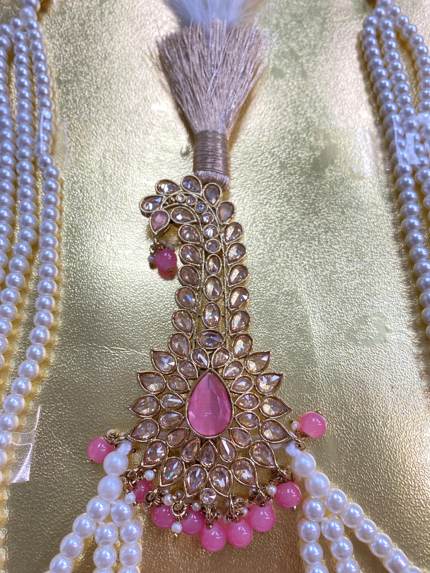 Indian Wedding Accessories-  Kalangi/Kalgi for Men's Safa/Groom Turban (Pink and golden Stone with white pearl string)