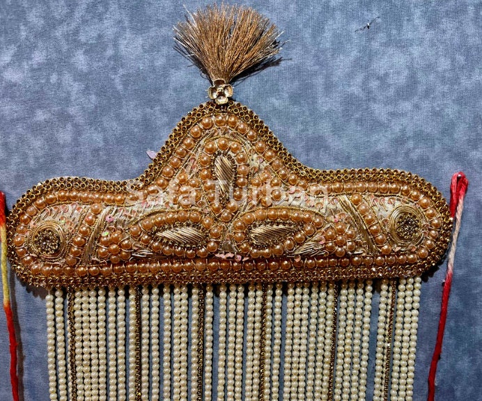 Groom Sehra- Indian Wedding Accessories- Sehra with Golden Chain, White/Ivory Pearl Beads
