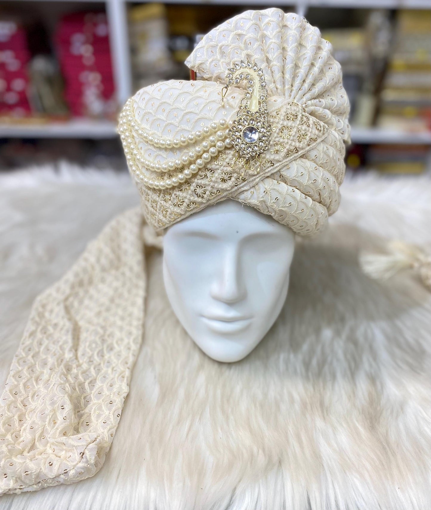 Groom Wedding Turban-Cream Turban with Palla - Safa Turban/Pagdi/Premade Turban/ Wedding Safa/Turban/Pagdi for Men (Groom)/ Thalapa