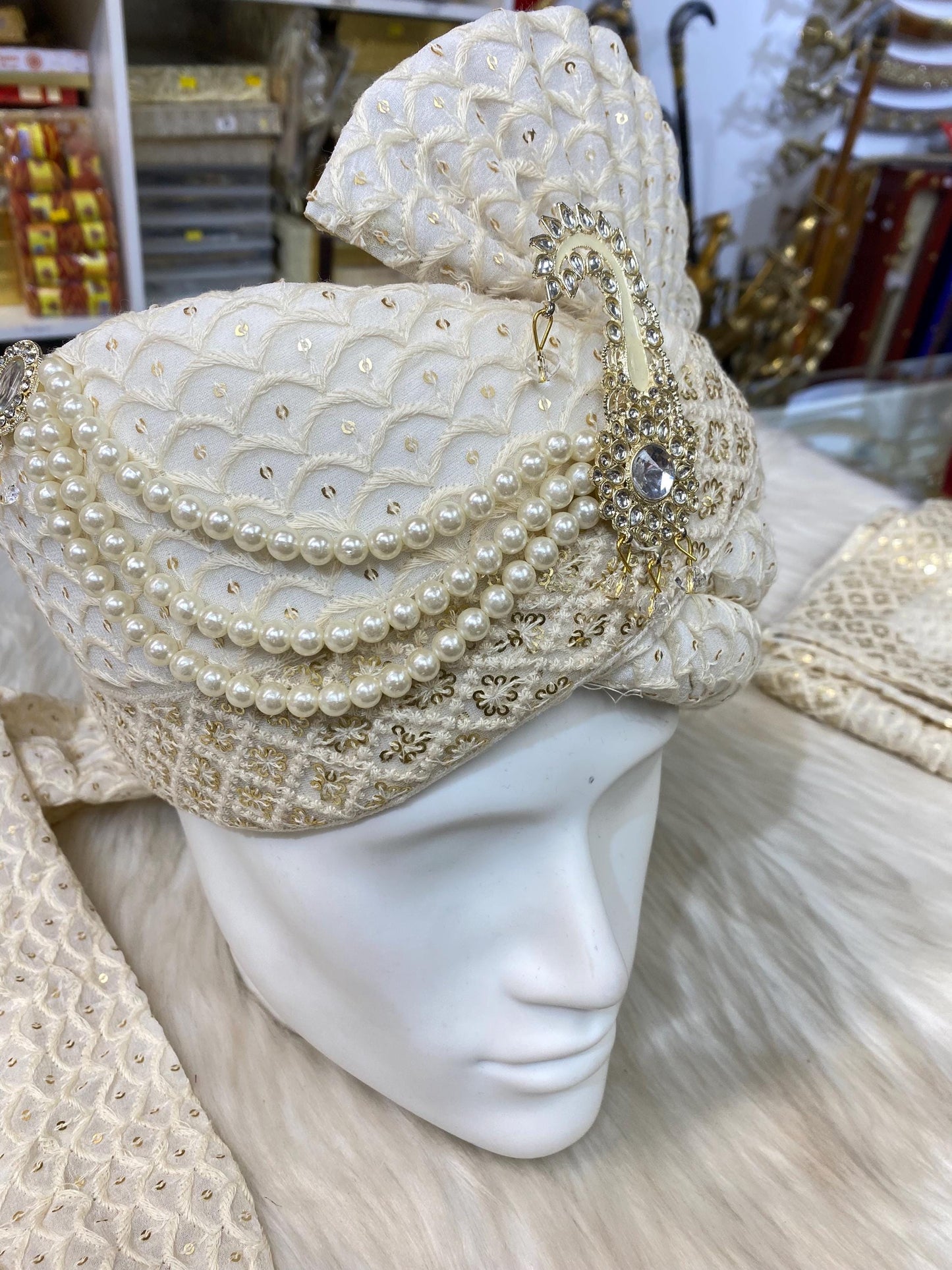 Groom Wedding Turban-Cream Turban with Palla - Safa Turban/Pagdi/Premade Turban/ Wedding Safa/Turban/Pagdi for Men (Groom)/ Thalapa