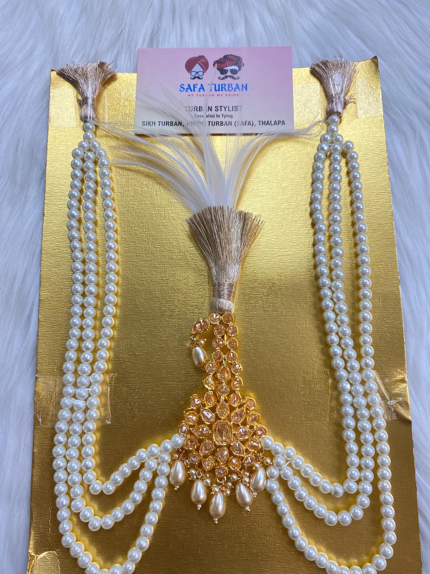 Indian Wedding Accessories-  Kalangi/Kalgi for Men's Safa/Groom Turban (Golden Stone With pearl string)