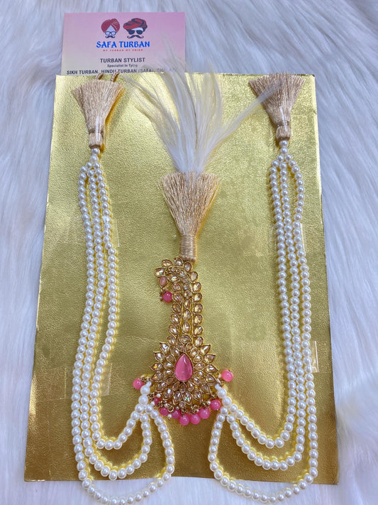 Indian Wedding Accessories-  Kalangi/Kalgi for Men's Safa/Groom Turban (Pink and golden Stone with white pearl string)