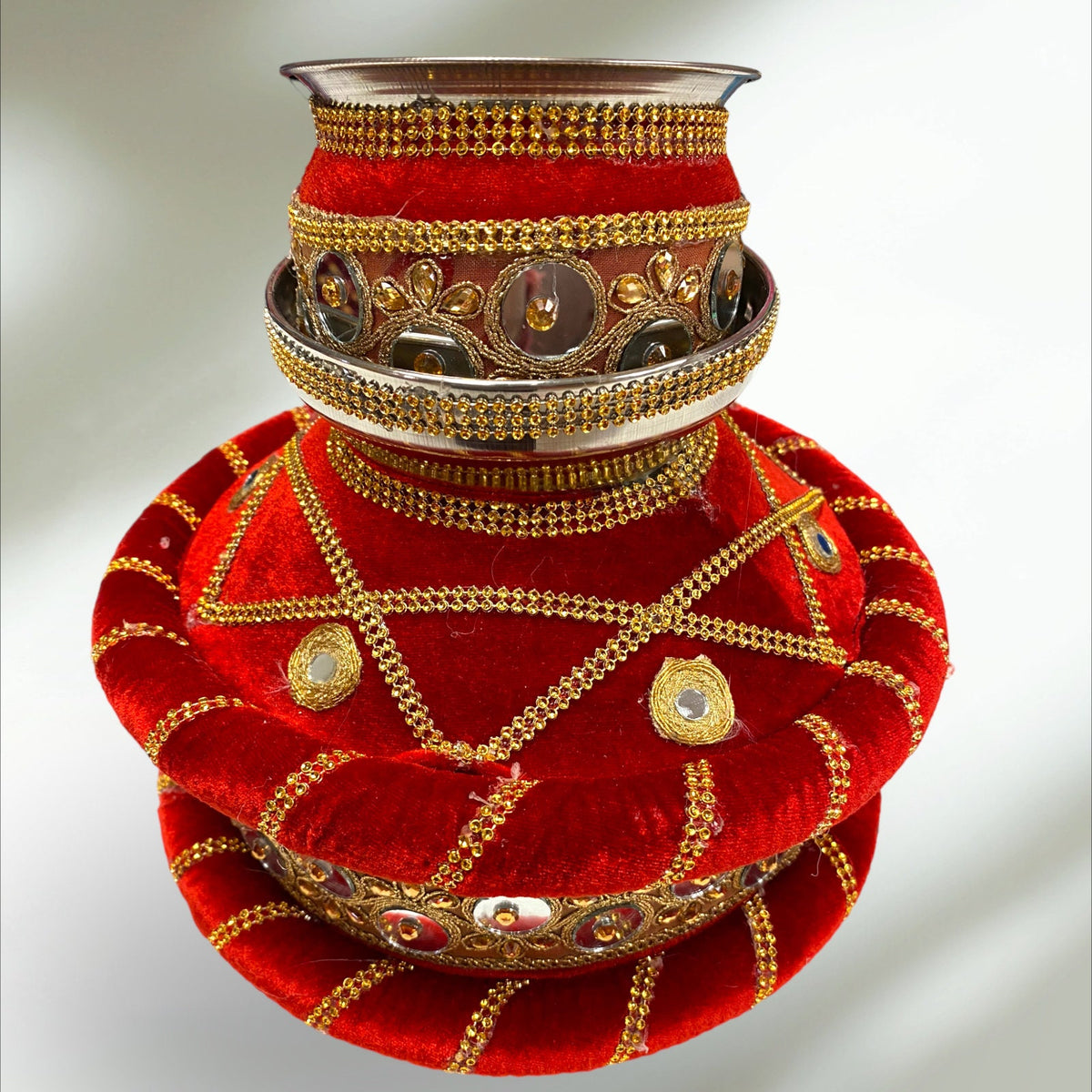 Wedding Accessories- Velvet Red Mirrored Ghadoli/Matka/Kalash For Wedding/Puja with Golden Embroidery