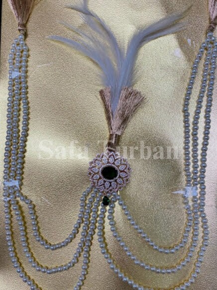 Indian Wedding Accessories-  Kalangi/Kalgi for Men's Safa/Groom Turban (With Gemstone and White Pearl String Chain)