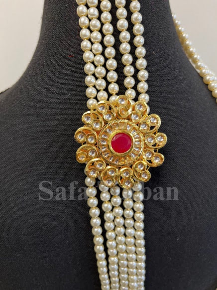 Indian Wedding- Pearl Necklace with Kundan Brooch for Men/Groom for Wedding (5Layers Pearl)