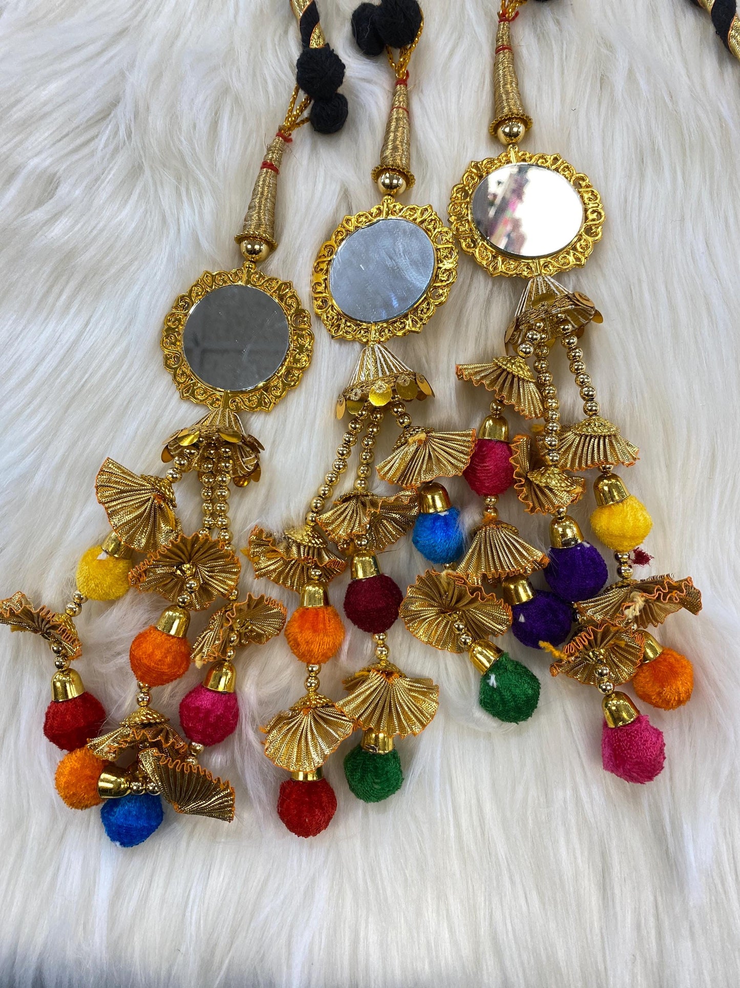 Punjabi Golden and multi Colour Fabric Parandi Tassles Hair Extensions with Beads for Women and Girls (Sold per piece)